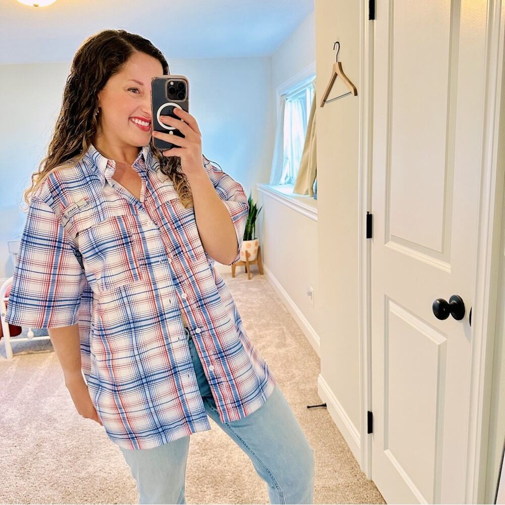 HABIT Red White Blue Plaid Button Front Fisherman Top Medium